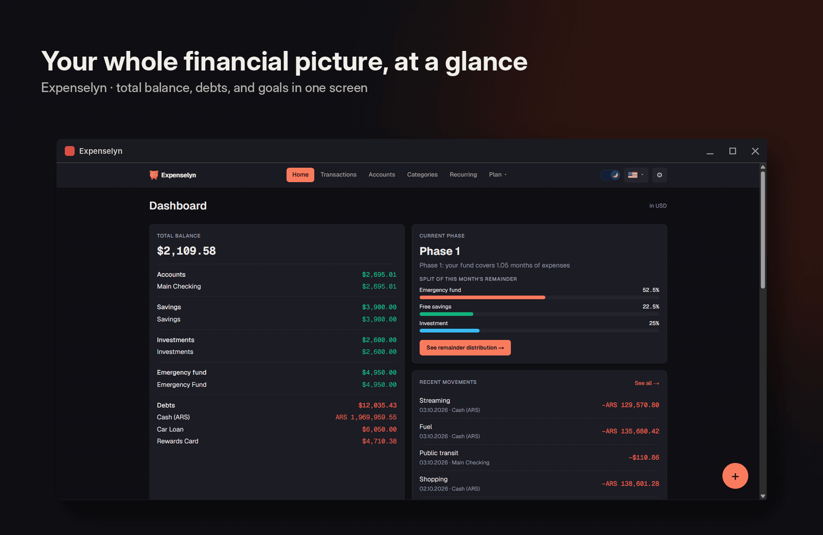 Dashboard: total balance, debts, and savings phase in one screen